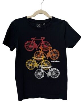 Fox Originals Kids Amsterdam Bicycle Short Sleeve Black Cotton Graphic Tee. 7-8.